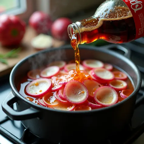 Boiling pot on a stove with sliced red onion and sliced white onion with Coca-Cola. A bottle of Coca Cola being poured into the pot 