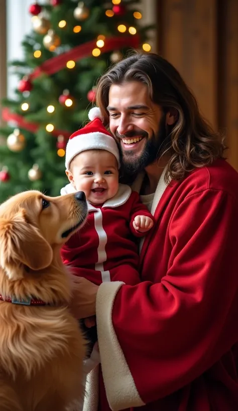 A heartwarming Christmas scene featuring a joyful Jesus with long, wavy brown hair and a beard, wearing a festive red robe. He is holding a cheerful baby dressed in a red holiday outfit and Santa hat, both smiling brightly. A fluffy Golden retriever playfu...