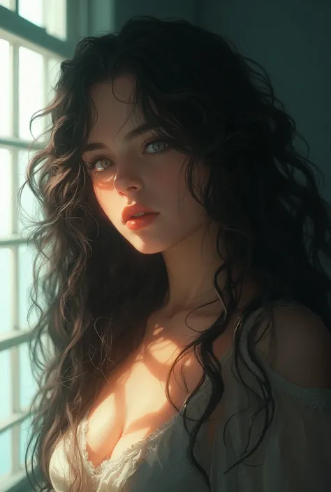 A captivating woman with long, curly hair, beautiful detailed eyes, and alluring lips. Background: A serene indoor setting with white walls and a large window, basking in direct lighting. Supporting characters: None. Branding type: Cinematic, reminiscent o...