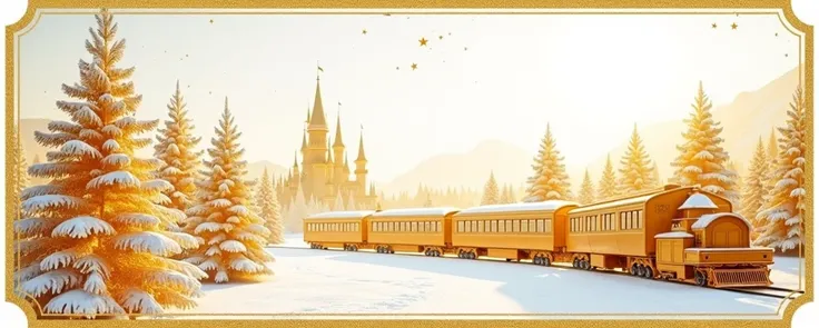 ticket design ,  High resolution,  its gold-colored elements and white background, Great Golden Sleigh , Three gold-colored reindeer pull the sleigh on their way to the candy kingdom, golden castle  al fondo, sleigh driven by an unaccompanied girl, The gir...