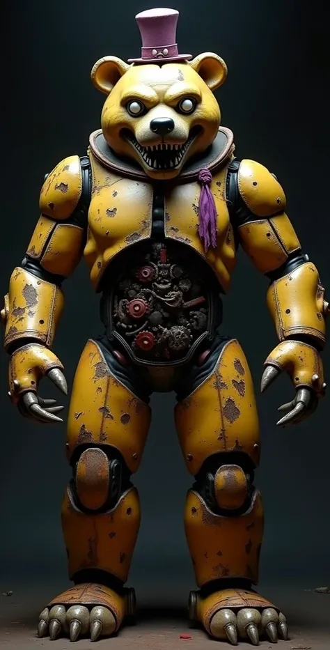  An animatronic with an intimidating appearance ,  with a visible metal structure in parts of its worn body .  His general golden shape is of a robust anthropomorphic bear ,  of approximately 2 .5 meters high,  with a dark and ominous design .  His main co...