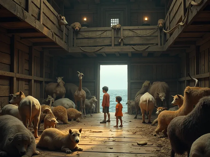 "Inside the ark, Noé and his family live amidst a large number of animals. The interior is filled with different animal species, calmly coexisting in large wooden compartments. The storm rages outside, but inside the ark, there is a sense of peace and surv...