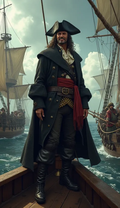 Visual: Bartholomew Roberts stands at the bow of his ship, directing his crew. Ships sail in surrender as Roberts commands them to stop.
Action: Pirate ships capture cargo ships, taking gold and treasures from dozens of merchant vessels. Roberts grins as s...