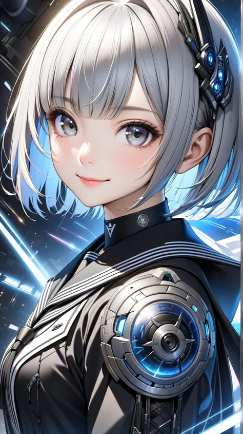 solo。
  realistic drawing。High image quality。 High Quality 。 cyber-enhanced female warrior 。

 motif (
 pretty girl
）

face(
 smiles:0.8)。

eye(
Grey Eyes、
Interval :0.8、
Size:0.5
)。

hair(black、 straight、The side is a princess cut 、 and then a pixie cut:1...