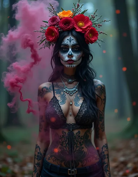  frontal artistic photograph of a young woman of extraordinary beauty , 23 years old, latina, Mexican, real details of the body , average height,  long legs,  catrina from the day of the dead with very little makeup , In an unusual pose ,  lots of magical ...