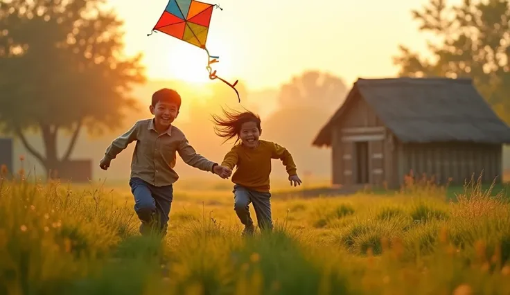 "A joyful rural morning scene where a small boy, around , has just finished making a colorful kite. He is running excitedly with the kite in his hands, but as he races forward, he trips and falls onto the grassy field, his kite flying out of his hands. His...