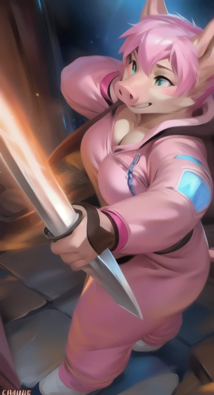     alone    , feMale tall   , อยู่บนถนน Holding a Ninja Sword, pig ,     pink military spacesuit, Overload  ,   Binding muscles  ,pink hair, quiet , by chunie    