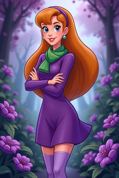 Make me an image of Daphne Blake from the Scooby Doo series, a young adult with long orange hair, wearing a dress with a short purple skirt and long sleeves, wearing lilac stockings and a purple headband on her head and neck, a green scarf with her arms cr...