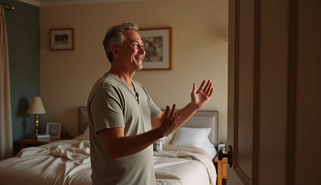 Realistic man happily calling his woman in his bedroom