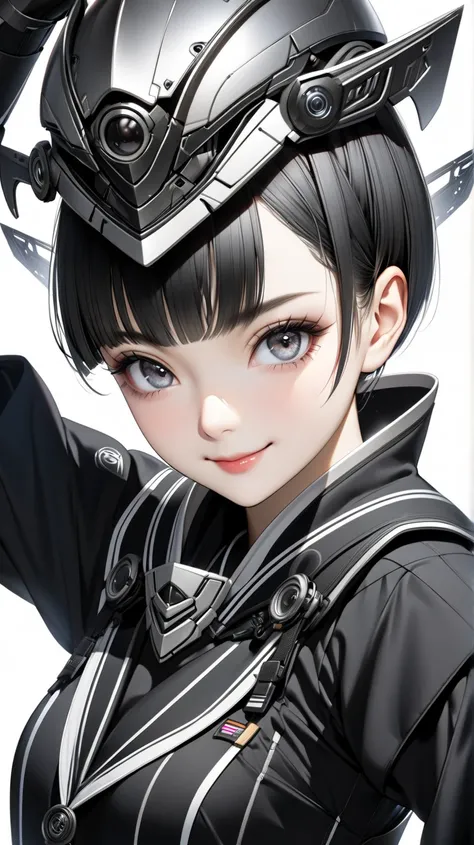 solo。
  realistic drawing。High image quality。 High Quality 。 cyber-enhanced female warrior 。

 motif (
 pretty girl
）

face(
 smiles:0.8)。

eye(
Grey Eyes、
Interval :0.8、
Size:0.5
)。

hair(black、 straight、The side is a princess cut 、 and after is a pixie c...