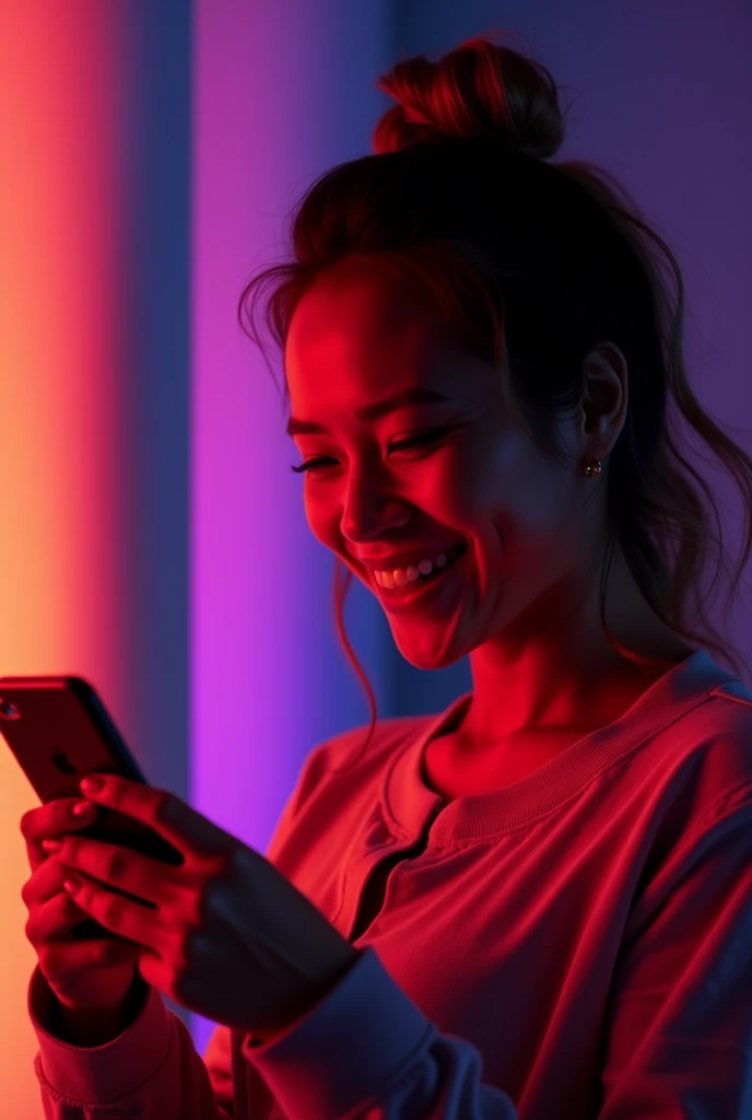 A horizontal photo of a smiling women holding a phone in her right hand. Shes lit from the left by red light and from the right by purple light. The women is in the lower right corner of the image. --ar 16:9