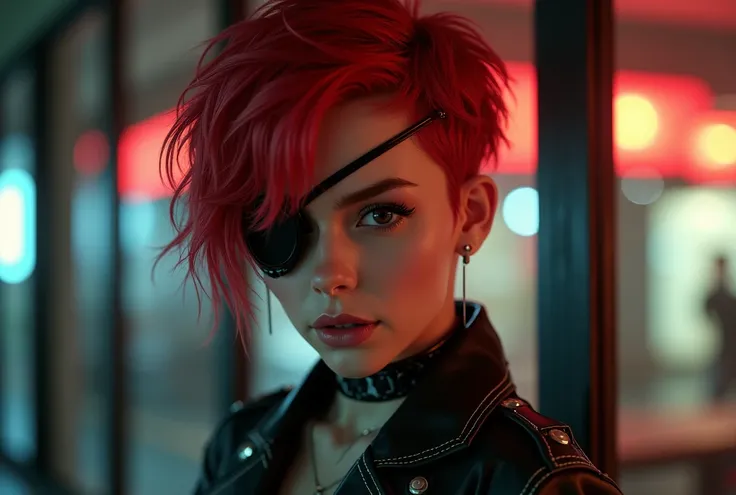 Teenage redhead with short hair, using an eye patch, stylish