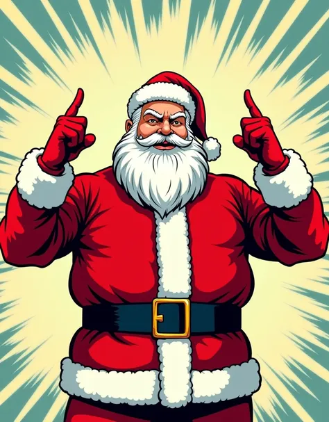 Full shot of a stylized illustration of Santa Claus.

Santa is depicted in a comic book or pop art style. He has a large, white beard. 

His expression is neutral to slightly sinister, rather than jolly. His two hands are giving the middle finger. 

Santas...