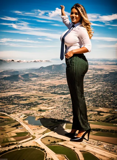 giantess art, (towering over a planet 1000’s of miles tall) a stylish 10 mile tall giant woman in a light pinstriped trousers, w...