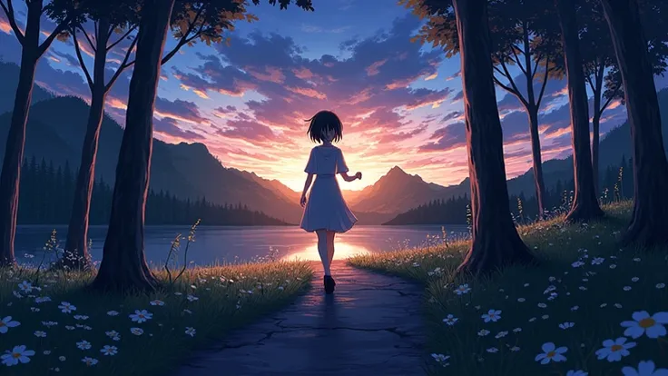 Create an anime landscape of a forest at dusk and on a path the silhouette of an anime girl and make the image measure 400 x 400 px