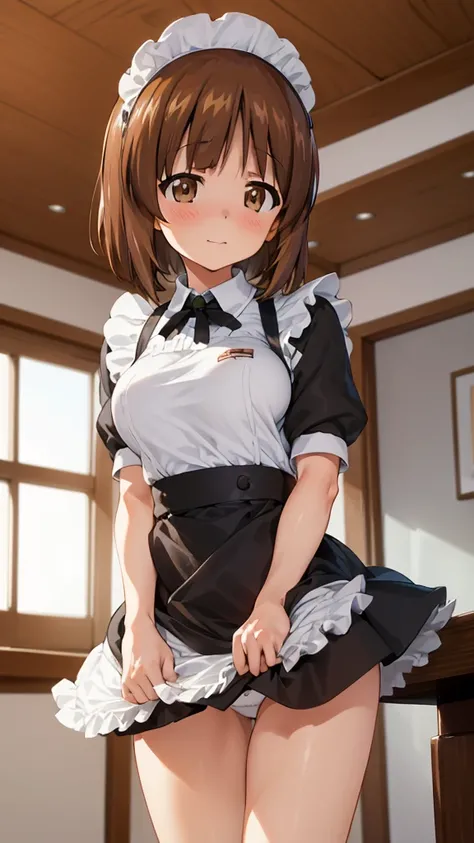  1 girl, Alone, Girls＆Panzer, nishizumi miho,   Brown Eyes ,  brown hair,  short hair, (Maid uniform:1.4), closed mouth , happy ,indoor, Cafe , stylish angle , Flip-up skirt, white panties , Surprised Face 、 open legs、 white panties 、Panic face、 boobs、 ope...