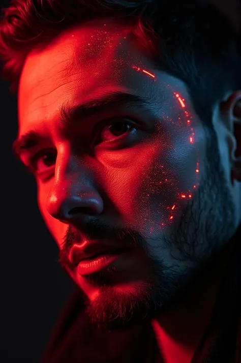 Gros plan sur le visage dun homme, équations holographiques rouges brillantes projetées sur la peau. regard intense, traits réalistes. fond sombre avec lune rouge, esthétique cyberpunk. Formules mathématiques lumineuses, Style manuscrit. futuriste, Ambianc...