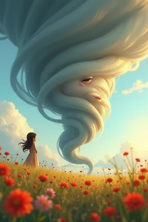 	• Picture 2 :  Close-up of Tornado relaxing ,  with a calm and happy look ,  as Vânia sings softly to him .  The scenery shows the open field and surrounding flowers.Disney Pixar style
