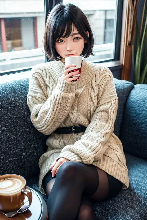 (High Definition), One Lady, Japan Person, Cute, Black Hair Short, wearing Cable Knit, Cross Check Skirt Trad Style For Female, Tights, Sitting on Sofa, Side-Glance, Leaning some cushions, By window, At Hotel Classic Dark Cafe,, A Cup of Coffee & Some Book...