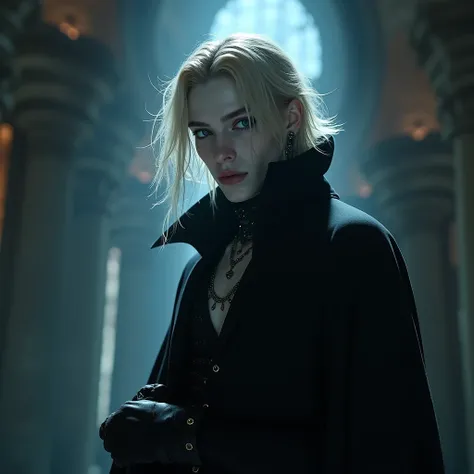 (full-body view) (sexy) He is a 20-year-old mysterious male with long dirty blonde hair, delicate facial features, and icy blue eyes, dressed in black gothic clothes and a black cloak. His skin is white and pale like a vampire. Hes wearing black gloves. (s...