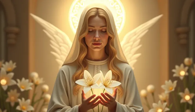 "An angelic vision of Saint Lucy with lilies in her hands and a shining halo."