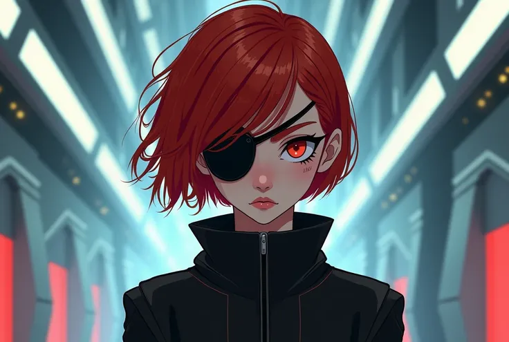 Teenage redhead with short hair, using an eye patch, stylish futurist ,  with a serious personality