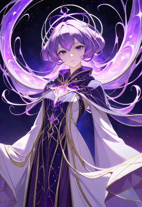 elegant extraterrestrial with glowing purple hair resembling liquid energy, dressed in a flowing, gravity-defying robe adorned with star-like designs, very small breasts, waist-up, illuminated by the light of a distant star