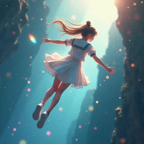 Haunting Live-Action, Extremely Detailed Innocent JK Diving from stratosphere. Magic Hour Miracle, Sparkling, LifeLike Rendering, MotionBlur, (XLabs F.1 Realism LoRA V1), White Sailor Uniform with Thongs, Red Ribbon Ponytail hair fluttering in the wind, Pr...