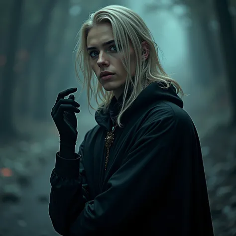 (full-body view) (sexy) He is a 20-year-old mysterious male with long dirty blonde hair, delicate facial features, and icy blue eyes, dressed in black gothic clothes and a black cloak. His skin is white and pale like a vampire. Hes wearing black gloves. (s...