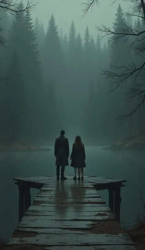 Two women and a man standing at the end of a bridge and behind the bridge you can see a dark and dark forest 