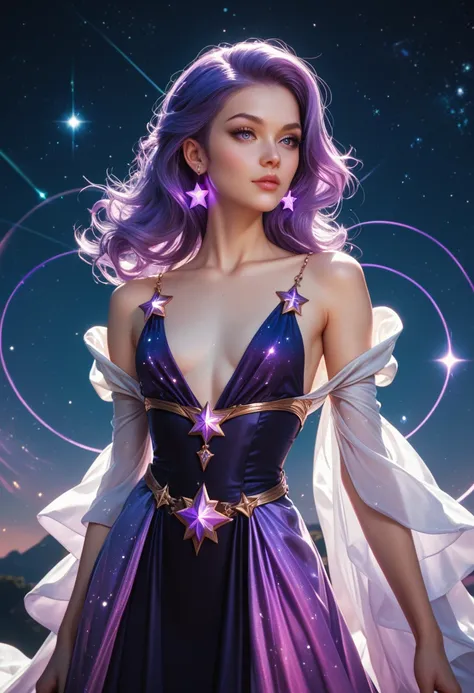 elegant extraterrestrial with glowing purple hair resembling liquid energy, dressed in a flowing, gravity-defying robe adorned with star-like designs, very small breasts, waist-up, illuminated by the light of a distant star