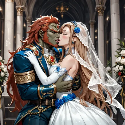 (( best quality)), ((masterpiece)), ( Details), （ perfect face）、They love each other and have a Gerd wedding ceremony with Ganondorf and Yuki Asuna, dressed as a bride in a gorgeous Gerd national costume, passionately hug each other, have a deep kiss of vo...