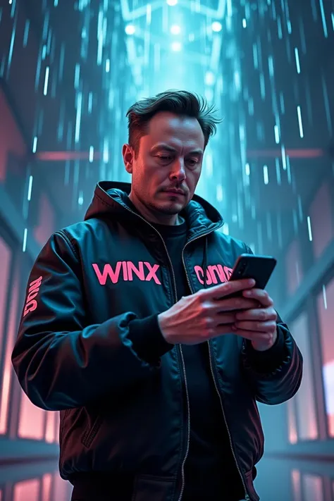 Elon Musk shows his cell phone and writes wınxonline on his jacket, let the crypto rain fall from behind