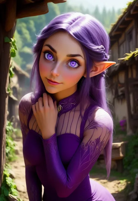 A cute woman (age 20, role of an elven enchantress, sexy sheer violet outfit, violet sparkling eyes) has come to visit a village of giga busty fair skinned lactating lesbians, lesbian love, adult breastfeeding, extreme beauty, next to no clothes, lovely fe...