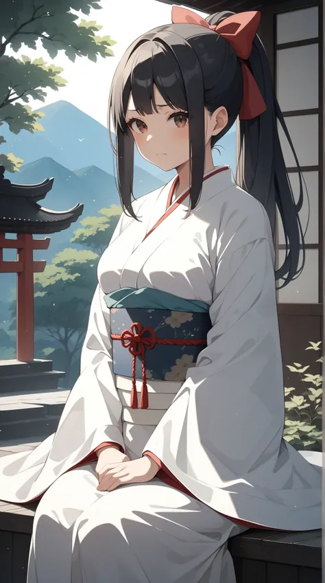 Anime-style character, source_anime, neolight, Adult, mature woman, 26 year old, anime girl wearing a Shrine maiden (White kimono、Red long skirt) and wearing white mouth veil, anime girl with cute face, pouting, contempt, jealous, shaded face, looking at v...