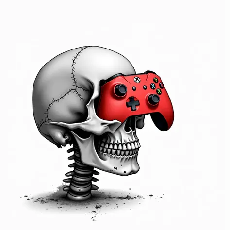 Drawing of a skull looking to the right , in black and white with a white background featuring a red Xbox Series X controller breaking through the skull in the brain region showing only half of the controller