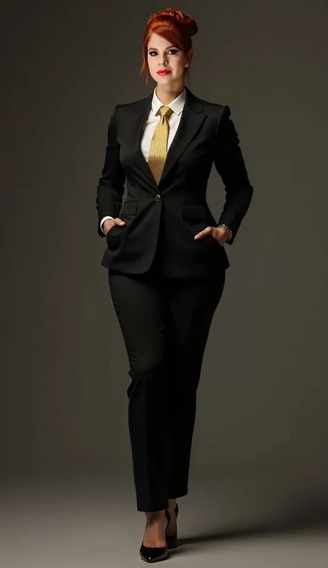 a robust and voluptuous woman with reddish hair tied up, dressed in black as an elegant executive with golden tie, standing in high heels, hyper detailed, masterpiece, ultra-detailed, (best quality, 4k, 8k, highres, masterpiece:1.2), ultra-detailed, (reali...