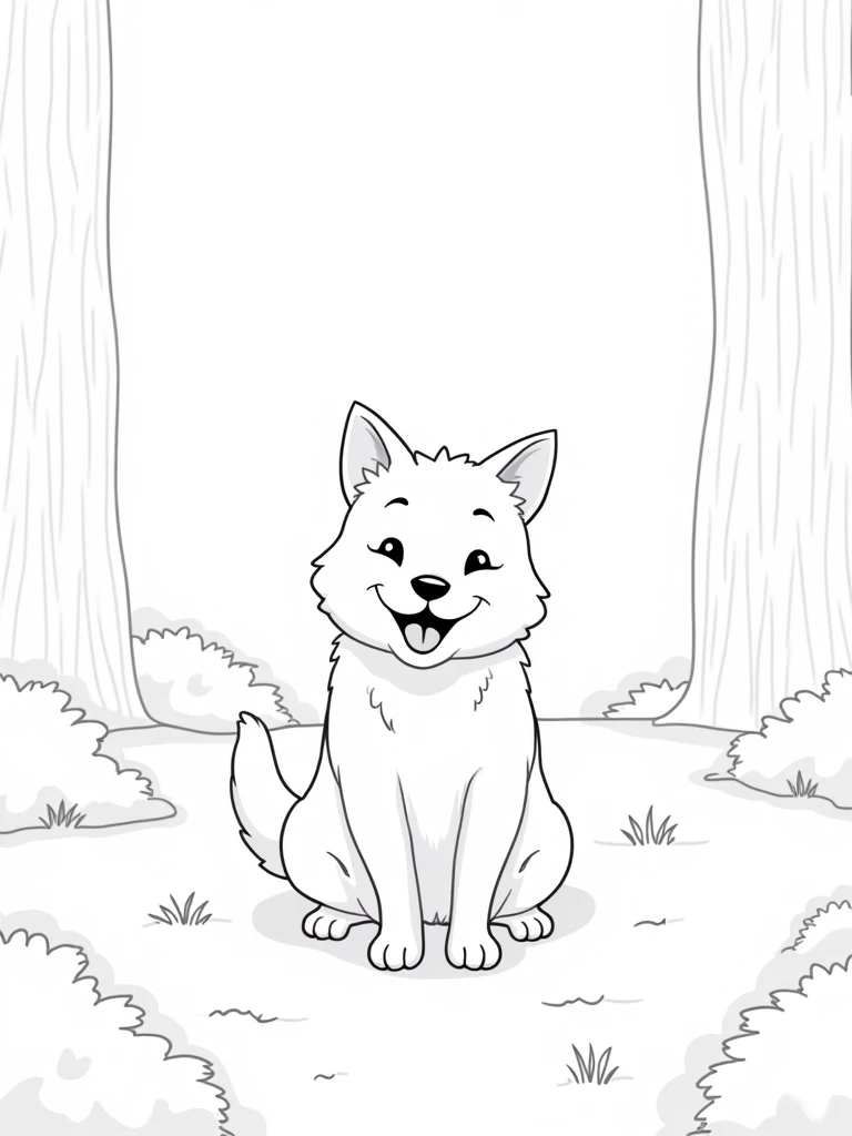 "a black and white drawing, line art style , of a friendly and cute cat sitting in a forest clearing.  The surrounding scenery should include trees with thick trunks ,  shrubs and some simple flowers ,  leaving room for the ren to color .  The dog should b...