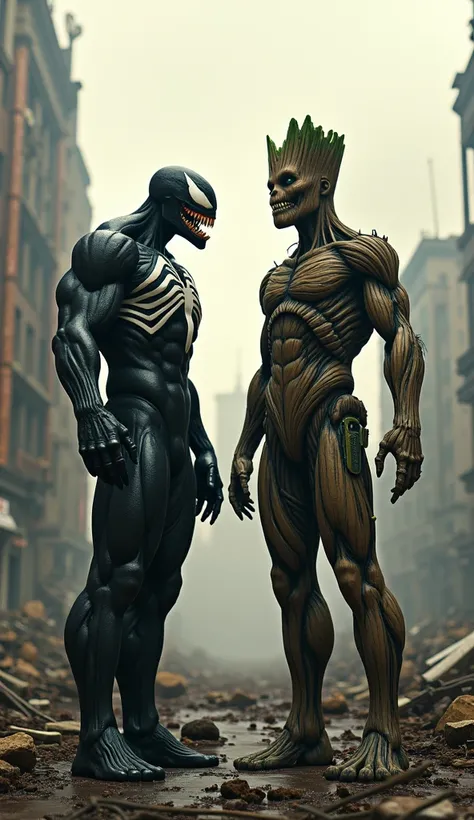 A Venom and Groot watching each other side by side 4k Realistic in a burned city backgroung