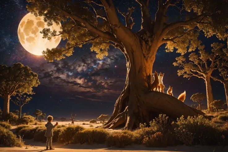 the Little Prince holding rose, red cute fox nearby, Baobab tree, space planet