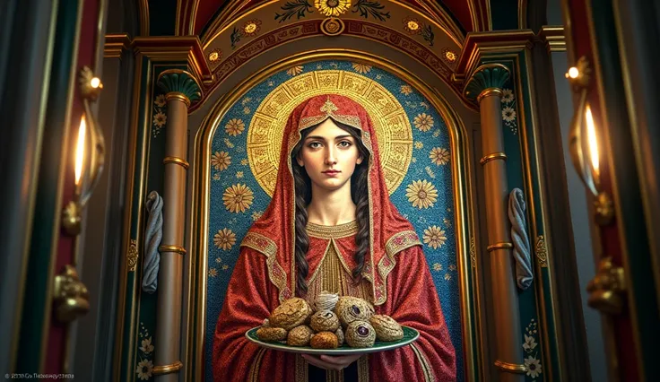 " A mosaic depiction of Saint Lucy, adorning an ancient church ."