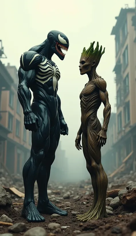 A Venom and Groot watching each other side by side 4k Realistic in a burned city backgroung