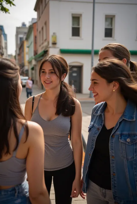 A photo in the city with friends and drinks (full body, smiling gaze: 1.1), artistic interaction, Sony α7R IV, 1/320s, f/2.8, ISO 400, (expression enigmatic: 1, 2), RAW file format, (visual rhythm: 1.1), (intrinsic contrast: 1.2).