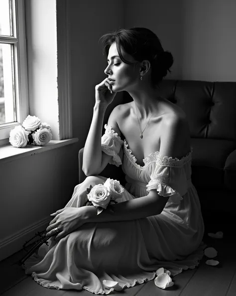 To enhance the overall impact of the photo, the description can emphasize subtle elements and suggest adjustments to refine the artistic intent:

The black-and-white image captures a strikingly elegant and introspective scene. The woman is seated beside a ...