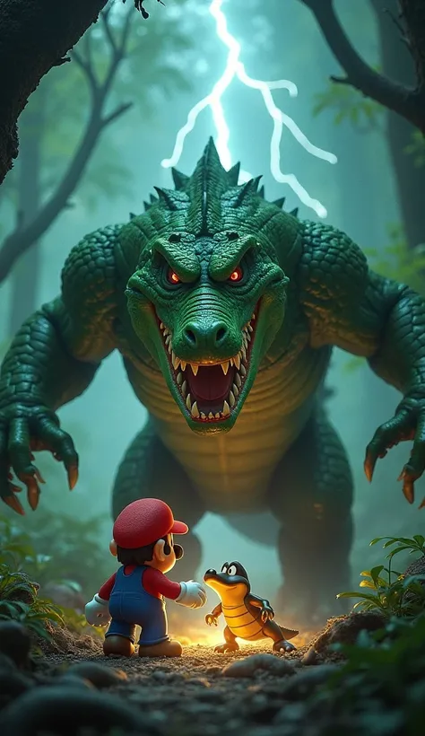  Imagine a character similar to Mario ,  wearing a red shirt and a hat with the letter M , with an alligator at his side . suddenly,  a mysterious energy begins to emanate from the alligator ,  causing it to transform into a giant and menacing monster .  T...