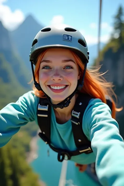 Devonaoki 22 years old ,  light red very long smooth hair , defined jaw, natural freckles,  shiny lip gloss , smiling.  Wear a light blue sweatshirt set with black details .  Wear a black helmet and professional equipment for the sport of BUNGEE JUMPING.  ...