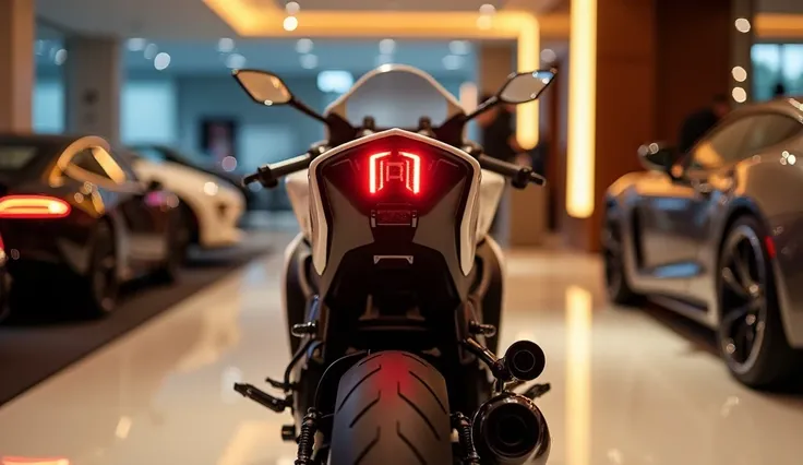 A sleek and sporty 2025 Yamaha R15 V5 motorcycle in cream color, viewed from the back rear. The bikes aerodynamic design, tail lights, and rear fairings are clearly visible. The background is a luxurious showroom with glossy floors, elegant lighting, and h...