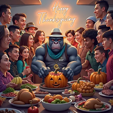 Create a highly detailed and vibrant 2D image depicting a large crowd of people gathered around a table for Thanksgiving, showing a diverse mix of ages, nationalities, races, and genders (from all nationalities of the world, white, black), all dressed in f...