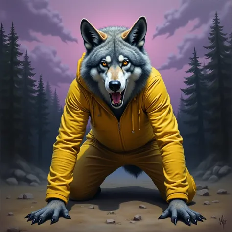 A man wearing an unrealistic mask, vaguely similar to an imitation of a wolf in yellow clothes, is on all fours. In the background, a gloomy forest and purple clouds in the background .  Highly detailed The image is made with oil paints .