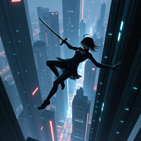 Futuristic night city with rain , The silhouette of an animated girl in black clothes holding a katana and plummeting from a building 